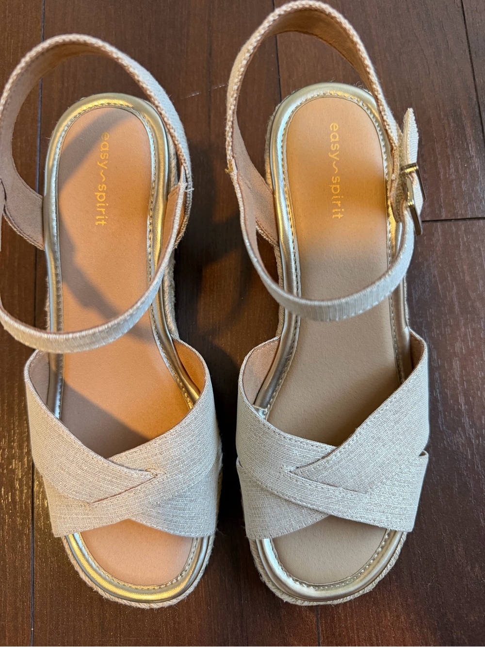 Easy Spirit Shandra2 Gold Natural Linen Espadrille Wedge Sandals  Size 8.5 w